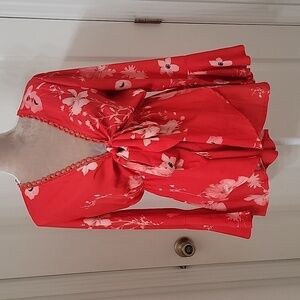 L'atiste by Amy Size S Red & Pink Floral Romper Long Bell Sleeve, Excellent Cond